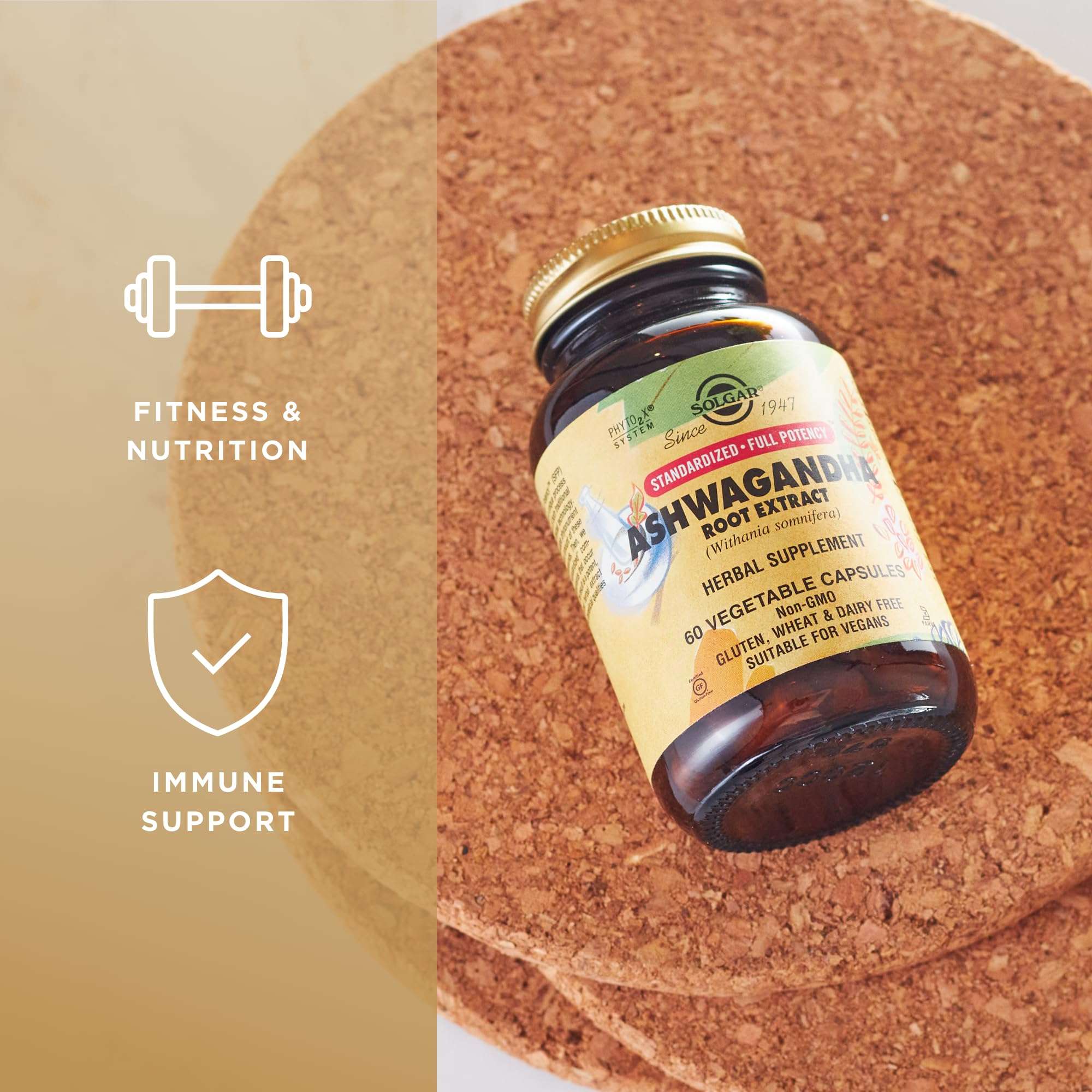 Solgar bottle of ashwagandha root extract capsules on cork board showing fitness and immune support