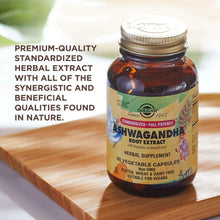 Solgar standardized ashwagandha root extract supplement bottle, 60 vegetable capsules