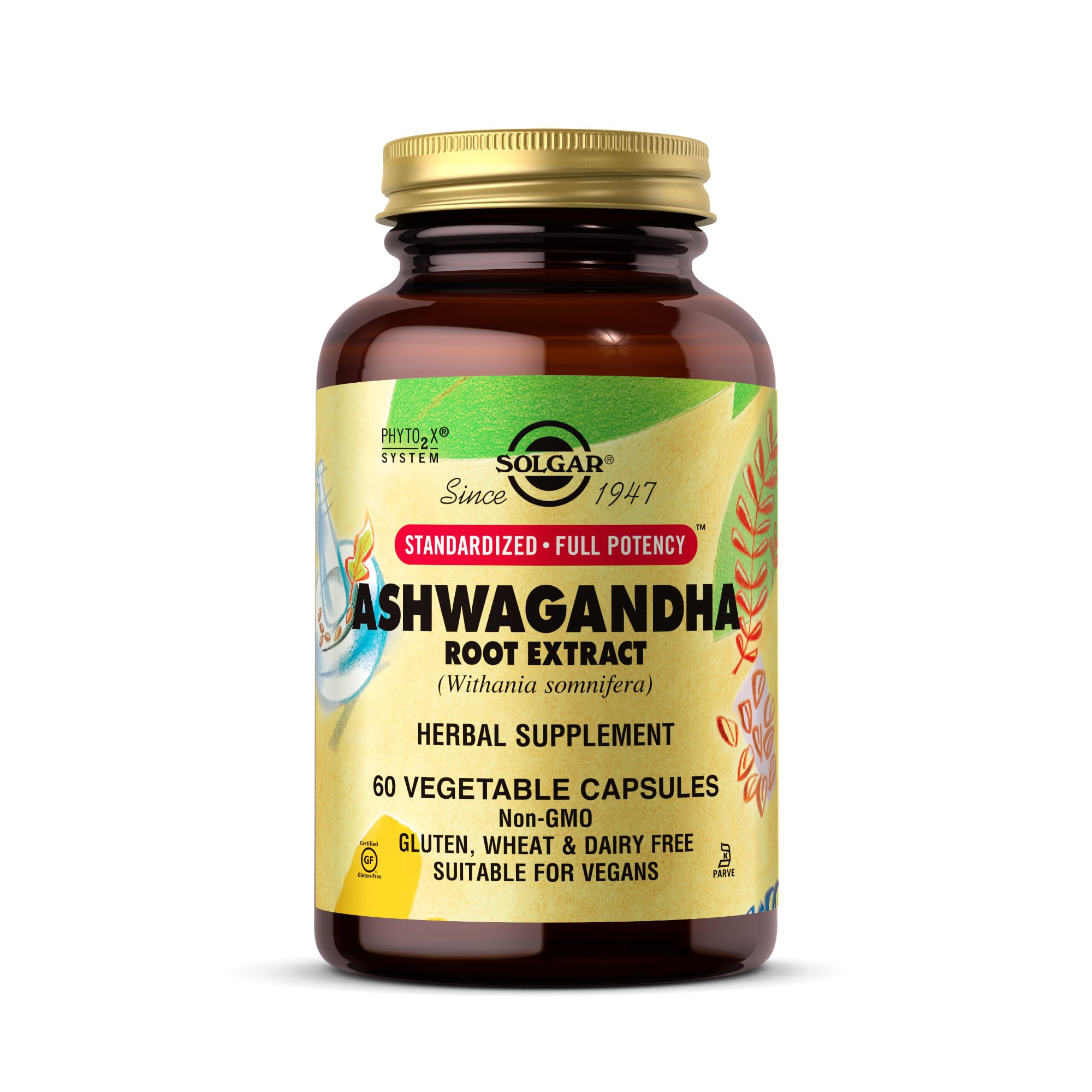 Solgar bottle of ashwagandha root extract capsules 60 vegetable capsules amber jar gold lid herbal supplement