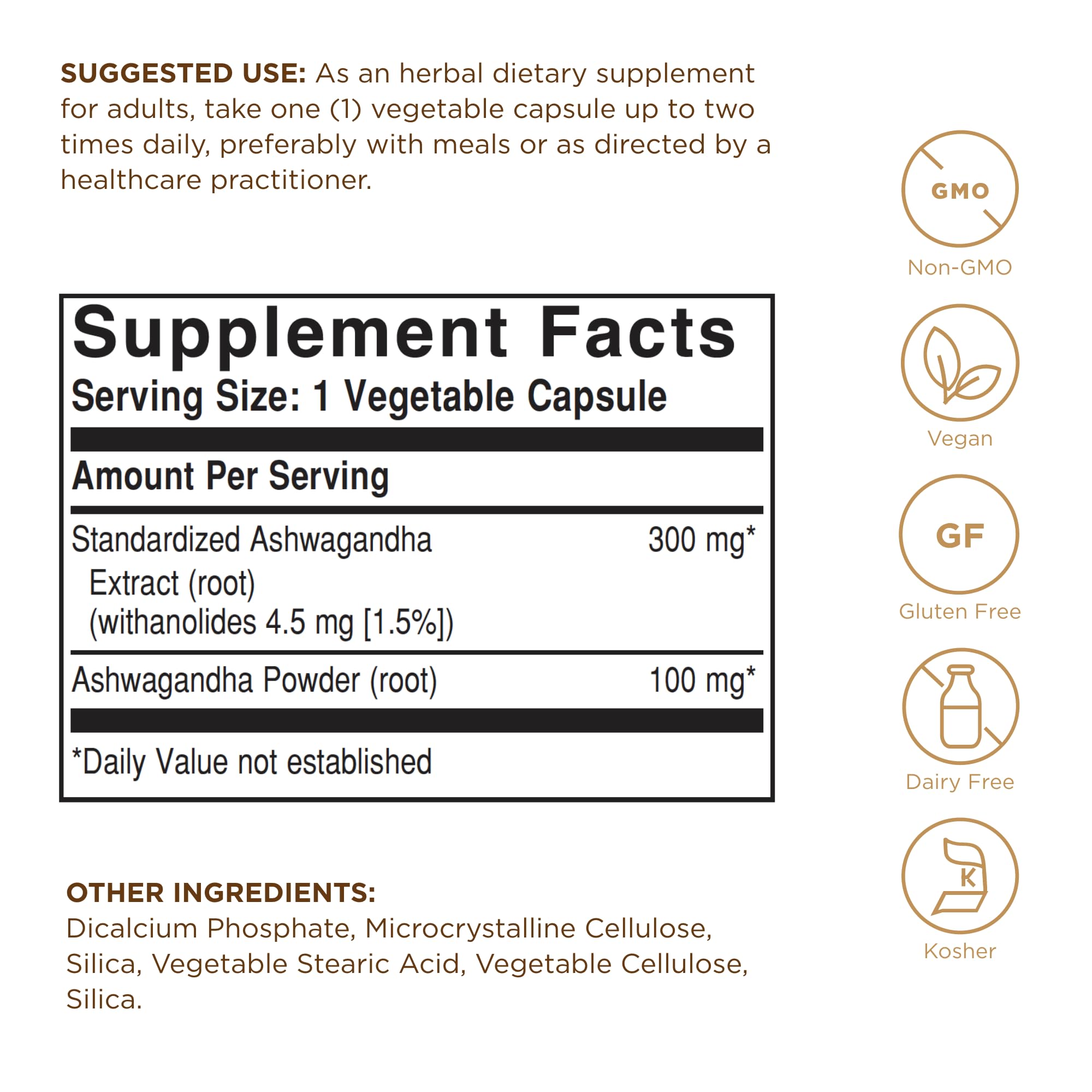 Solgar supplement label showing Supplement Facts for ashwagandha root extract capsules 300 mg standardized extract