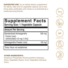 Solgar supplement label showing Supplement Facts for ashwagandha root extract capsules 300 mg standardized extract