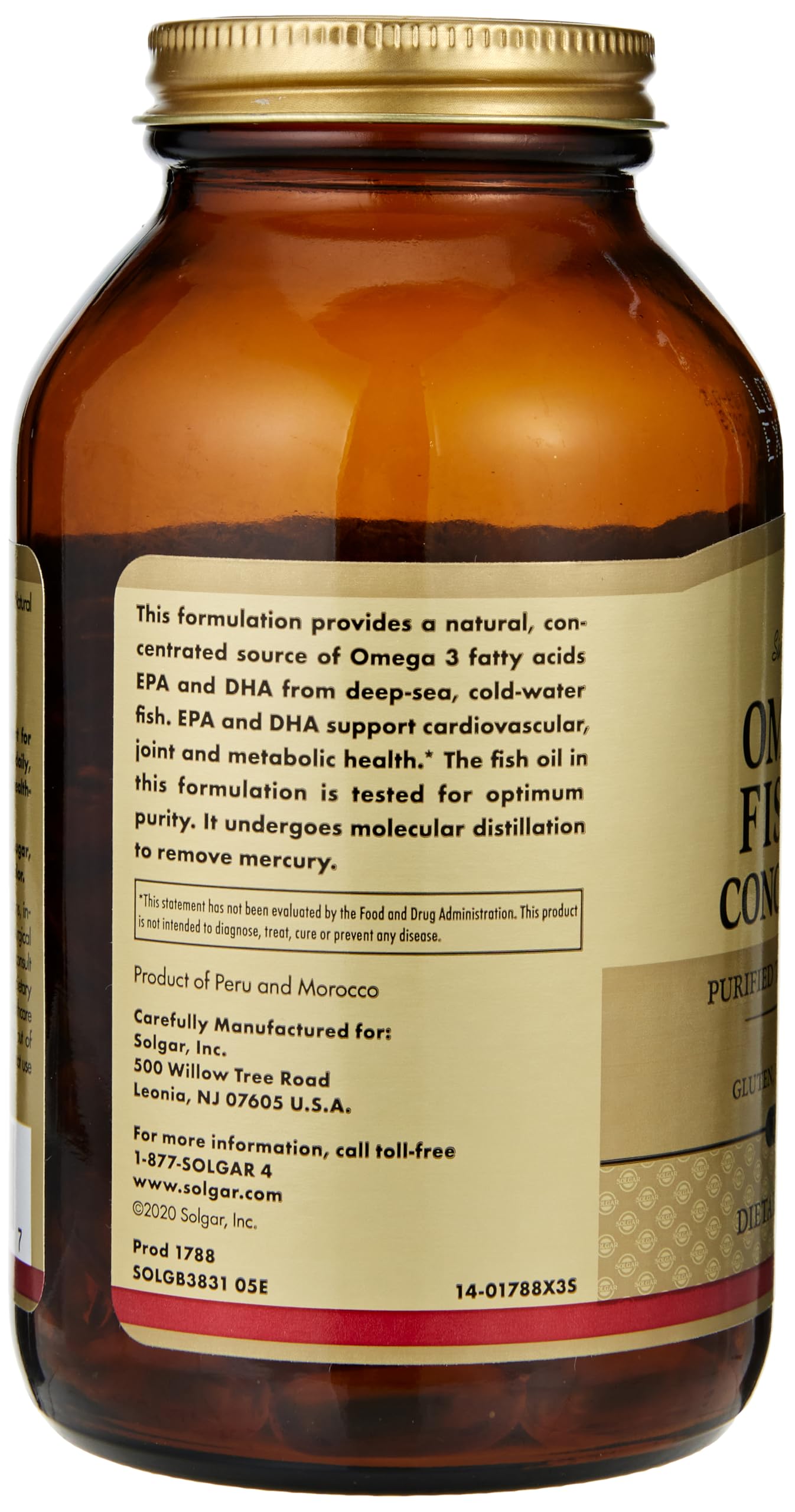 Solgar amber glass bottle with gold cap showing back label for Omega-3 fish oil supplements UAE