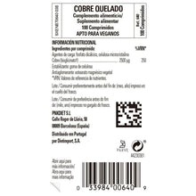 Back label of chelated copper tablets bottle, 100 tablets, barcode and QR code