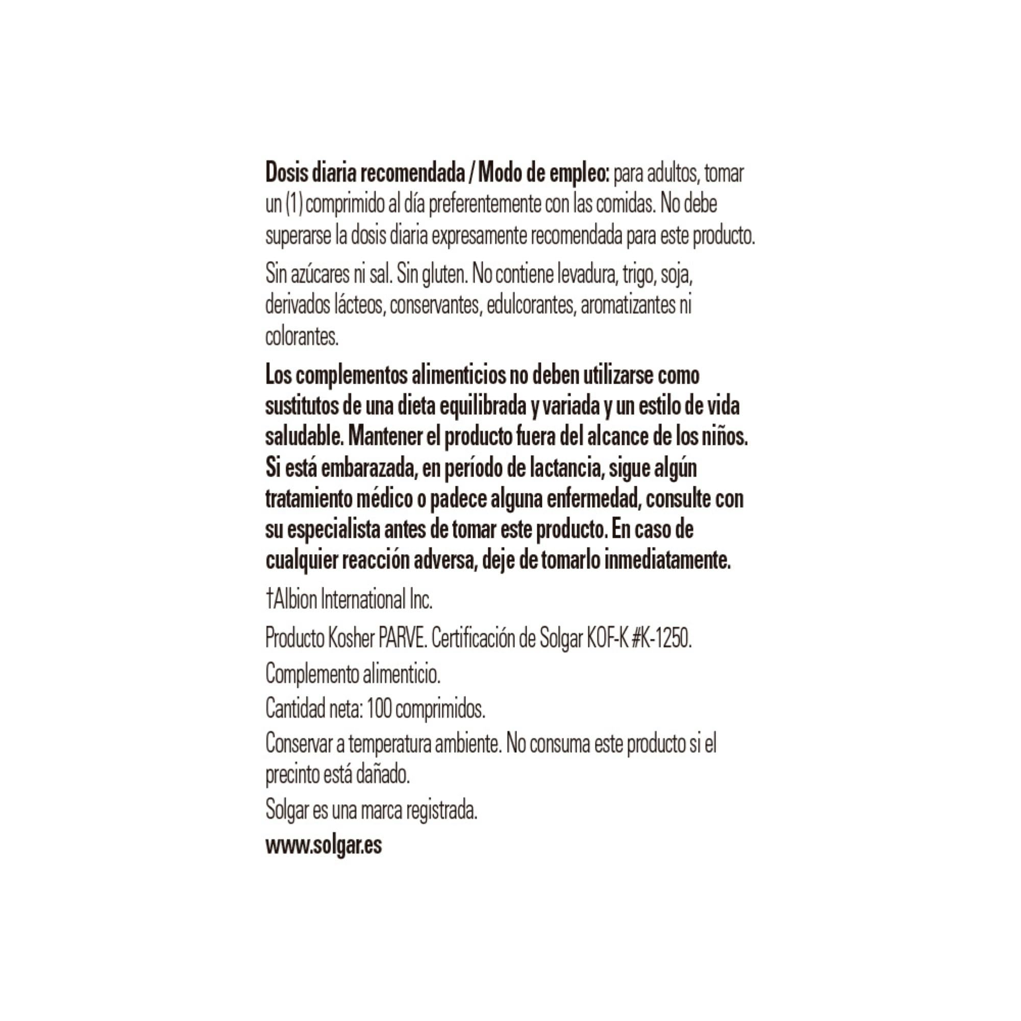 Back label of Solgar chelated copper tablets bottle showing Spanish dosage instructions and product information