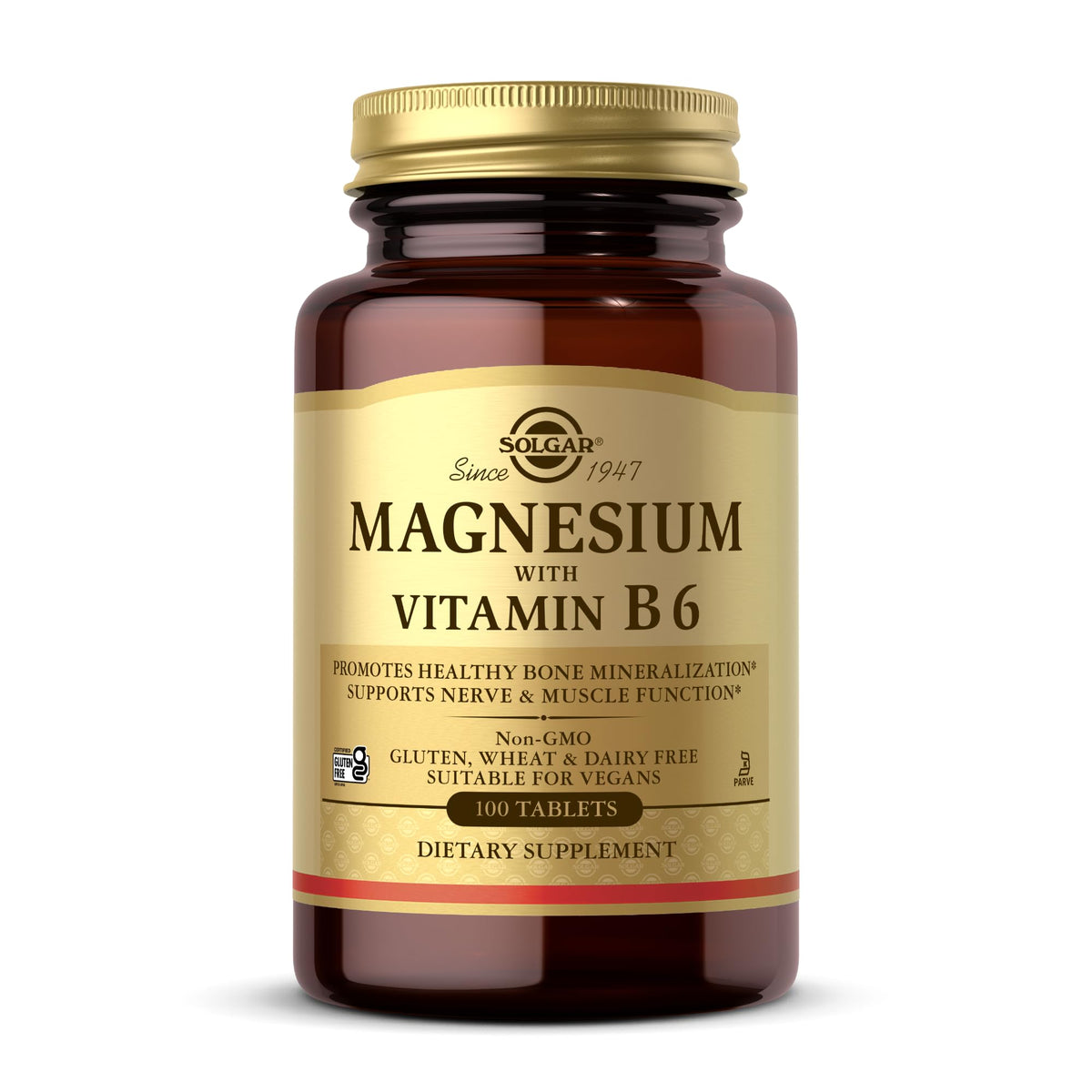 Amber glass bottle of Solgar Magnesium with Vitamin B6 tablets. Gold label shows 100 tablets dietary supplement