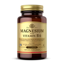 Magnesium with Vitamin B6 supplement bottle, amber glass with gold cap and front label