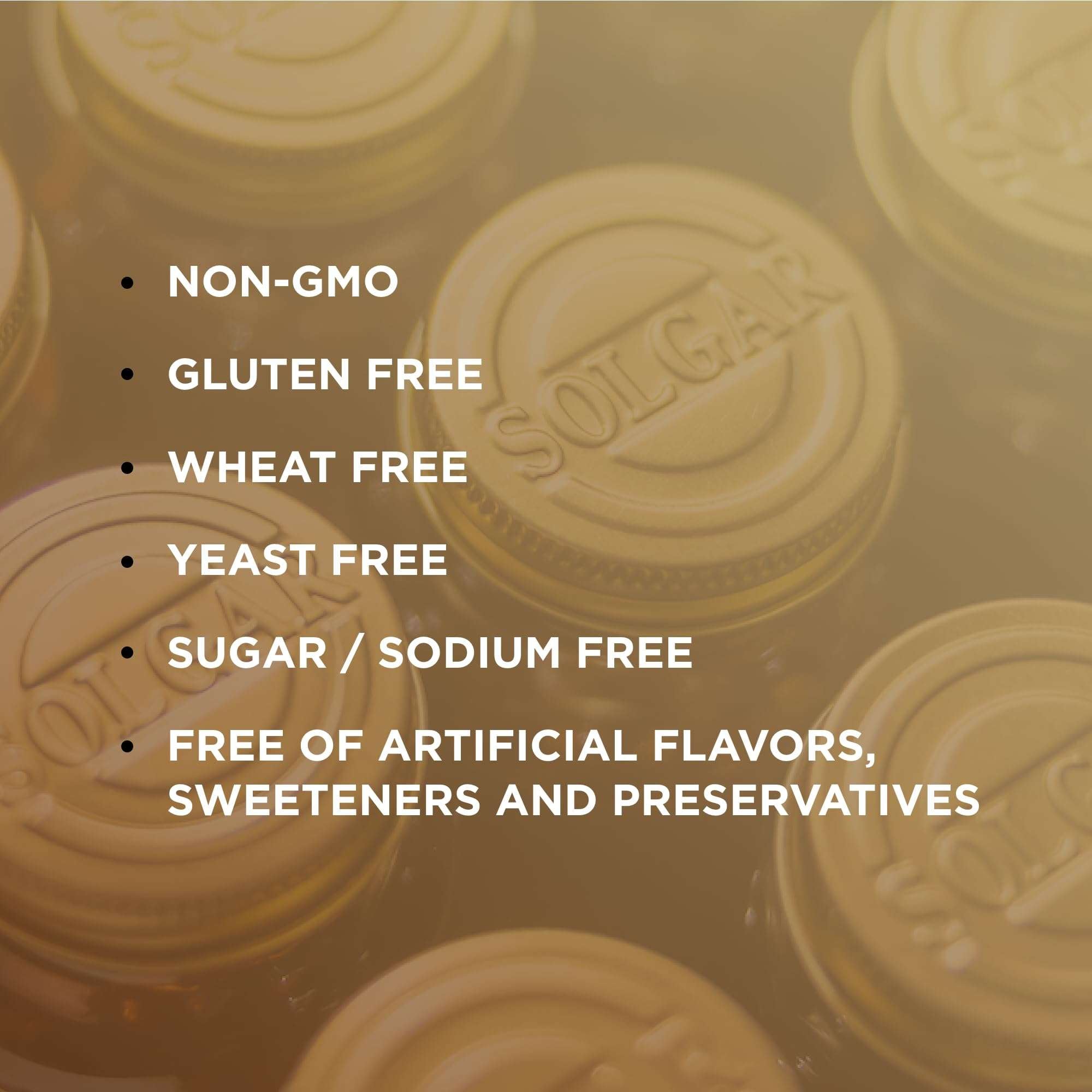Solgar Magnesium with Vitamin B6 tablets. Bottle tops with text non GMO gluten free wheat yeast free no artificial additives