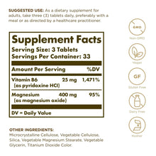 Supplement facts panel for Magnesium with Vitamin B6, serving size and ingredient amounts