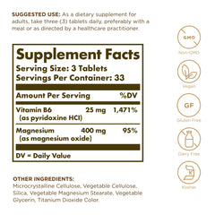 Solgar Magnesium with Vitamin B6 tablets supplement facts label showing 3 tablet serving 400 mg magnesium 25 mg B6 33 servings