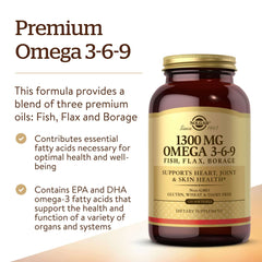 Solgar Omega 3-6-9 supplements UAE bottle 1300 mg with fish flax borage oils supports heart joint and skin health