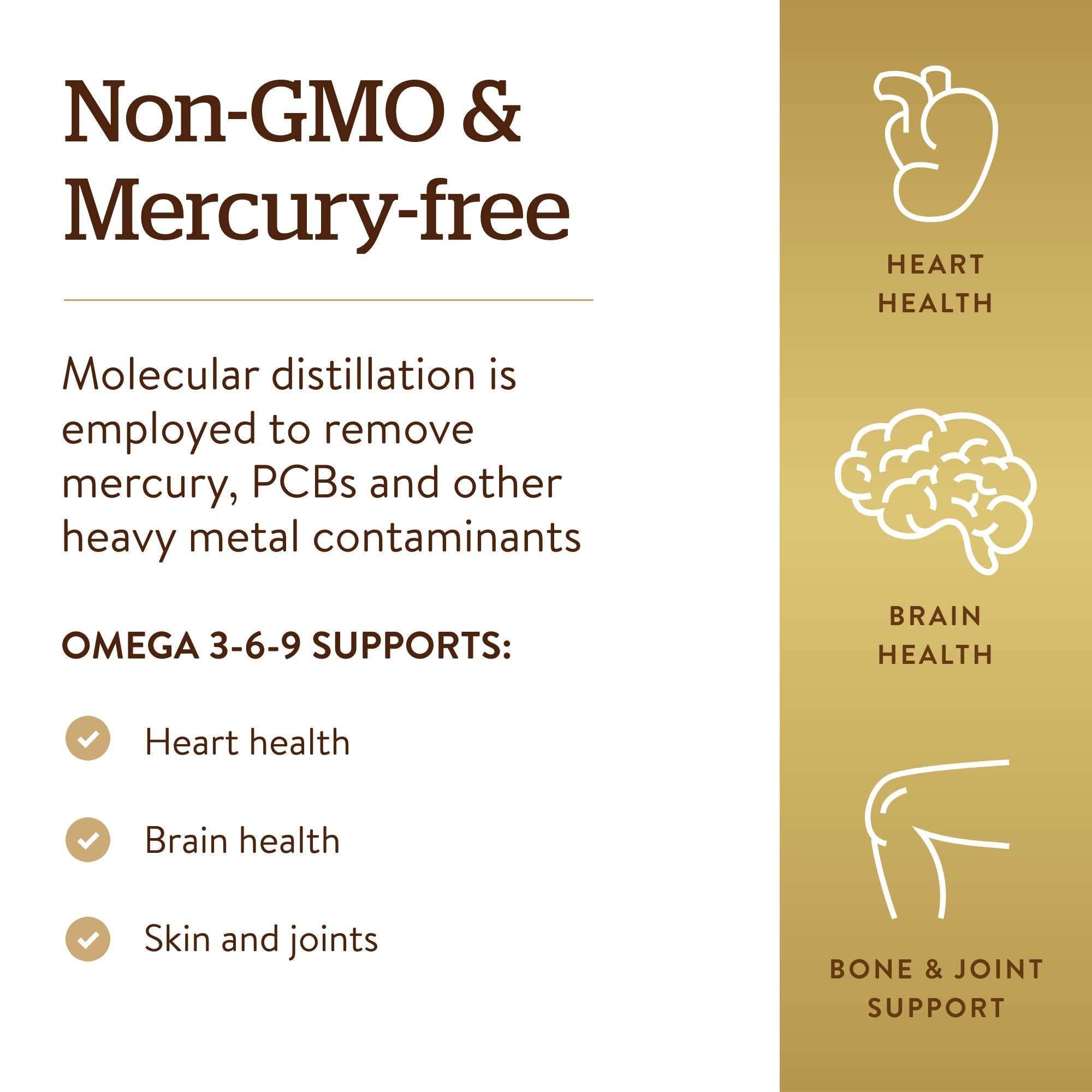 Solgar Omega 3-6-9 supplements UAE label highlighting Non-GMO mercury-free heart brain skin and joint support