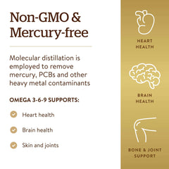 Solgar Omega 3-6-9 supplements UAE label highlighting Non-GMO mercury-free heart brain skin and joint support