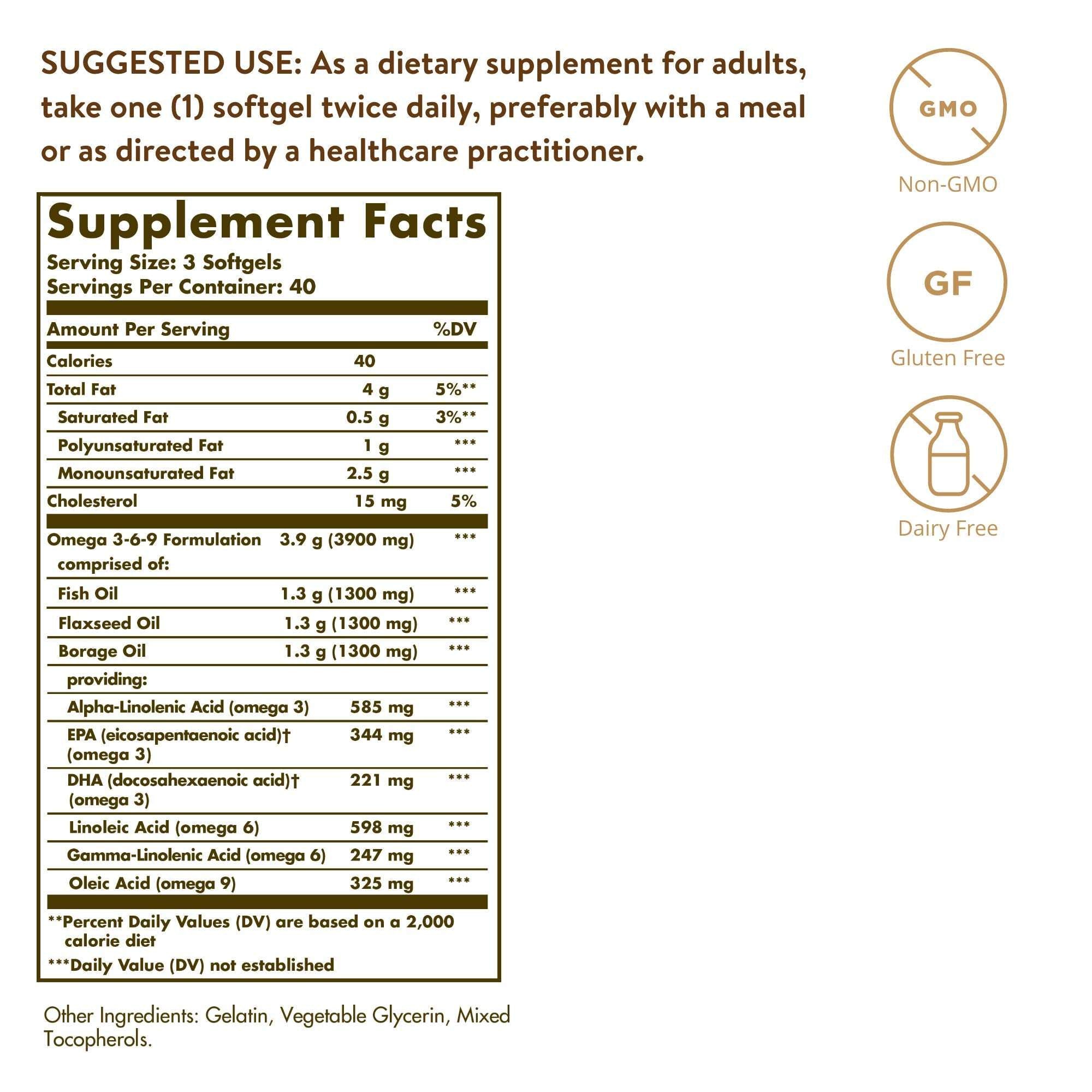 Solgar Omega 3-6-9 supplements UAE label showing supplement facts softgel serving and Non GMO GF Dairy Free