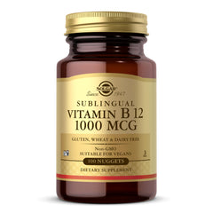 Solgar Vitamin B12 1000 mcg supplements brown glass bottle with gold label and cap sublingual 100 nuggets