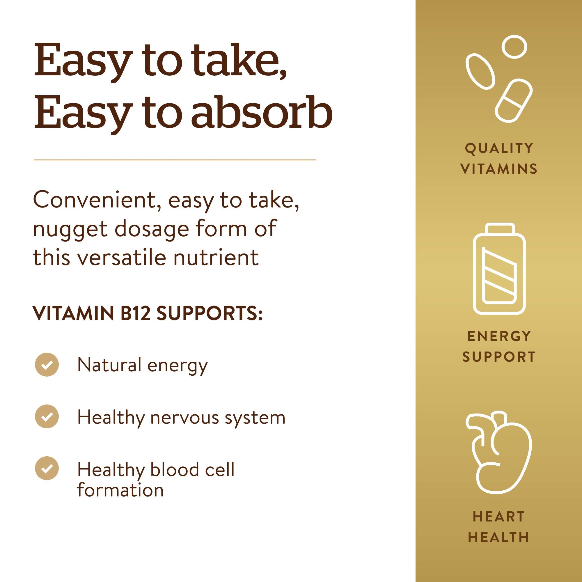Solgar Vitamin B12 1000 mcg supplements label stating easy to take easy to absorb with benefits for energy nerve and blood health