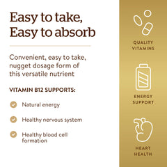 Solgar Vitamin B12 1000 mcg supplements label stating easy to take easy to absorb with benefits for energy nerve and blood health
