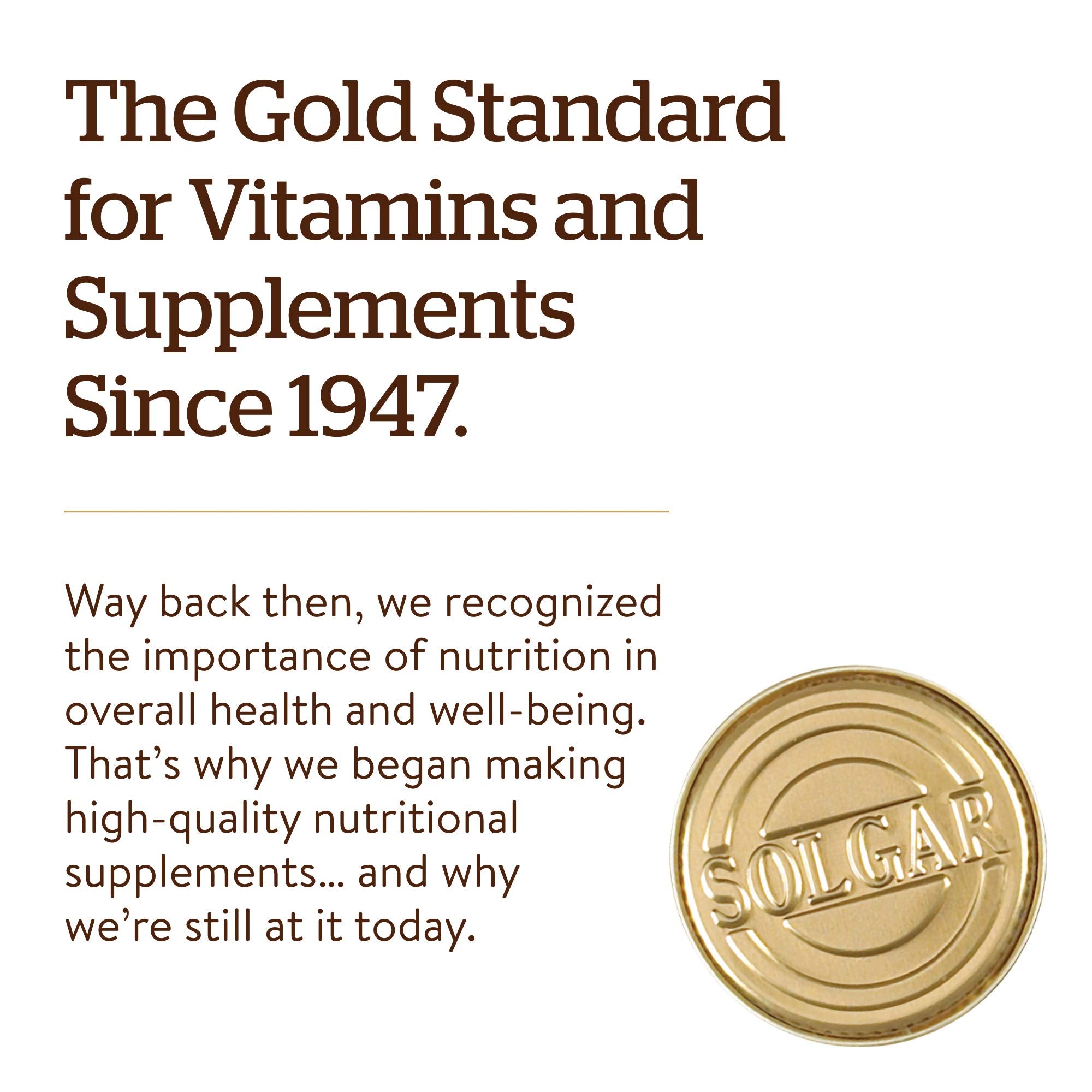 Solgar Vitamin B12 1000 mcg supplements branding image with gold medallion and heritage text about quality since 1947
