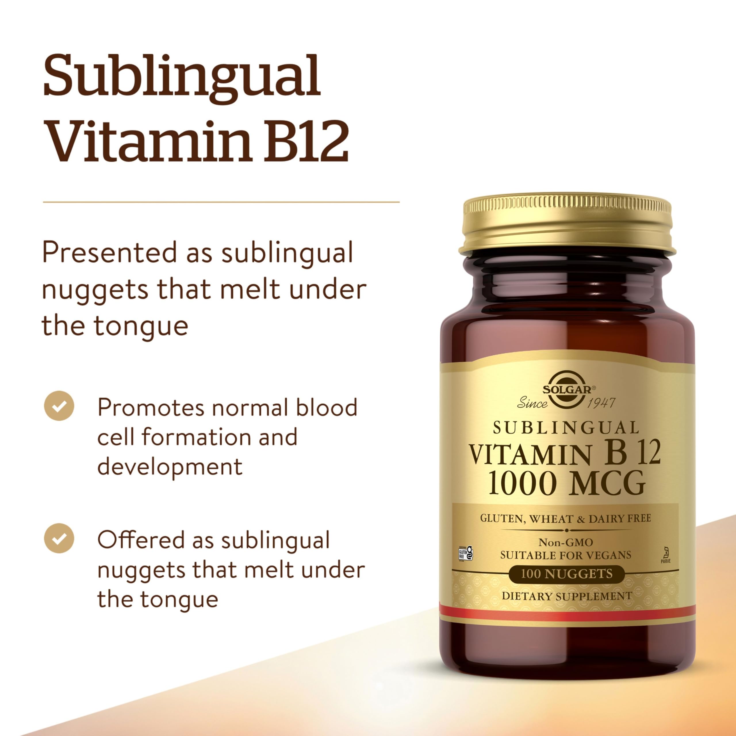 Solgar Vitamin B12 1000 mcg supplements. Brown glass bottle of sublingual B12 nuggets with gold cap