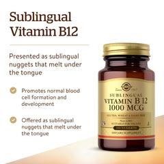 Solgar Vitamin B12 1000 mcg supplements. Brown glass bottle of sublingual B12 nuggets with gold cap