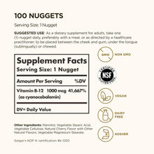Supplement Facts label for Vitamin B-12 with serving size and certification badges