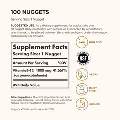 Supplement label for 100 nuggets showing Vitamin B12 1000 mcg facts and usage Solgar Vitamin B12 1000 mcg supplements.