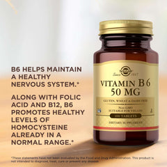 Solgar Vitamin B6 50 mg tablets amber glass bottle with gold cap dietary supplement label and benefits text