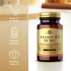 Solgar Vitamin B6 50 mg tablets. Amber glass bottle of Vitamin B6 50 mg dietary supplement 100 tablets for energy support