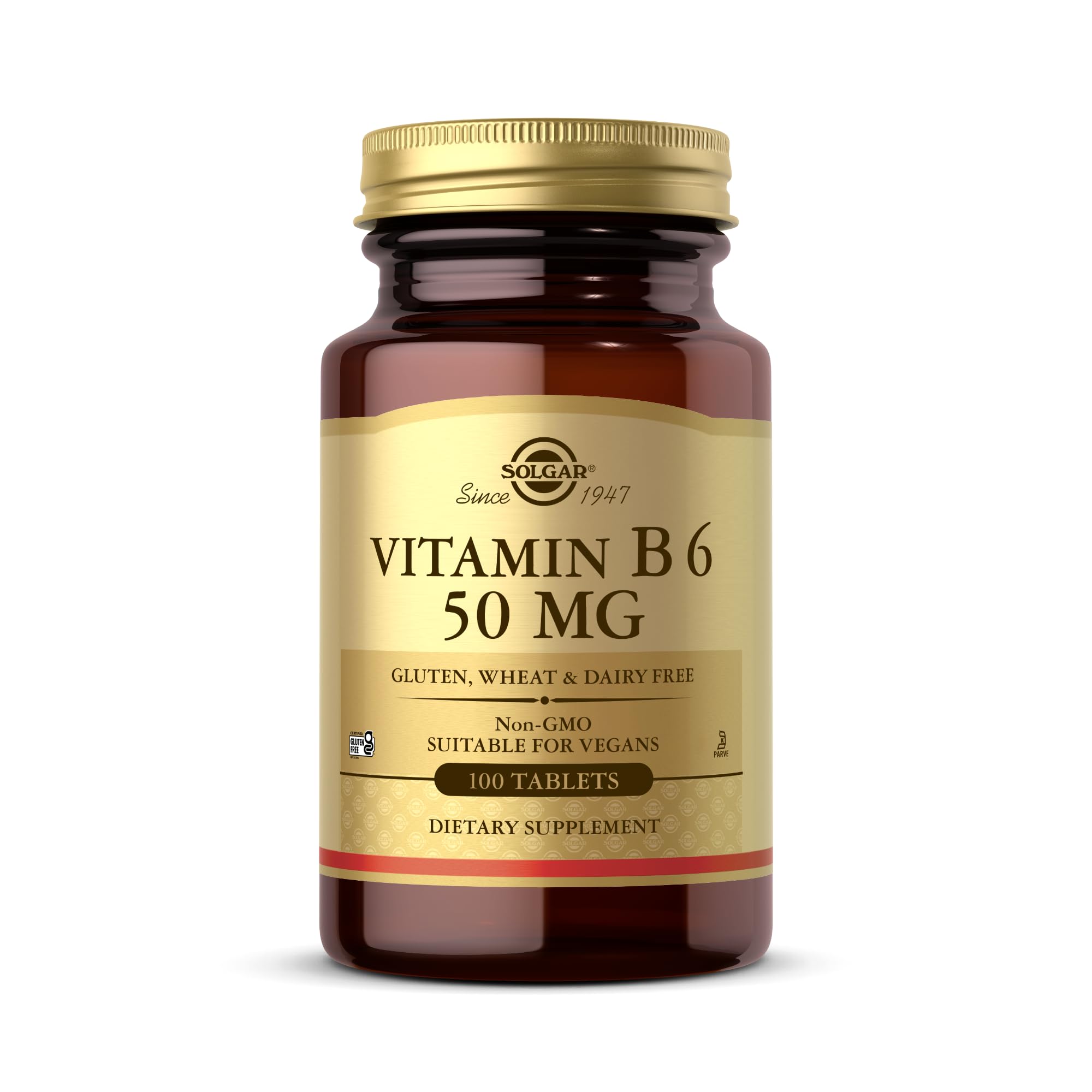 Solgar Vitamin B6 50 mg tablets amber bottle with gold cap 100 tablets dietary supplement label