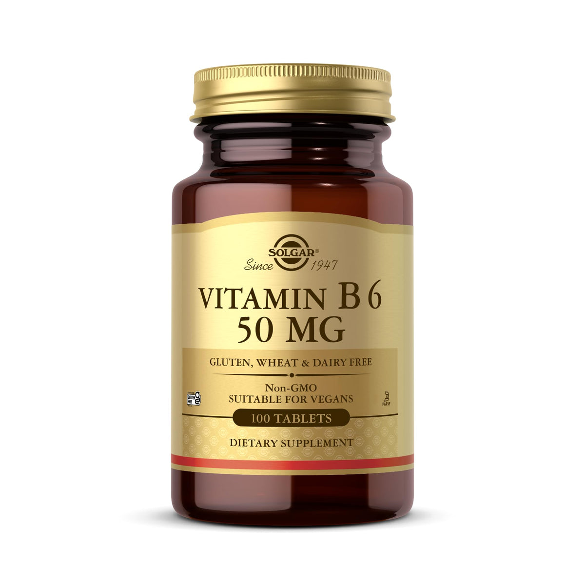 Solgar Vitamin B6 50 mg tablets amber bottle with gold cap 100 tablets dietary supplement label