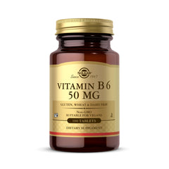 Solgar Vitamin B6 50 mg tablets amber bottle with gold cap 100 tablets dietary supplement label