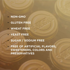 Solgar Vitamin B6 50 mg tablets bottle tops with Solgar logo and overlay text listing non GMO gluten free wheat free yeast free