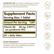 Supplement facts label showing Vitamin B6 50 mg per tablet and % daily value