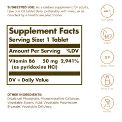 Solgar Vitamin B6 50 mg tablets supplement facts label showing 50 mg per serving one tablet and non GMO vegan gluten free icons