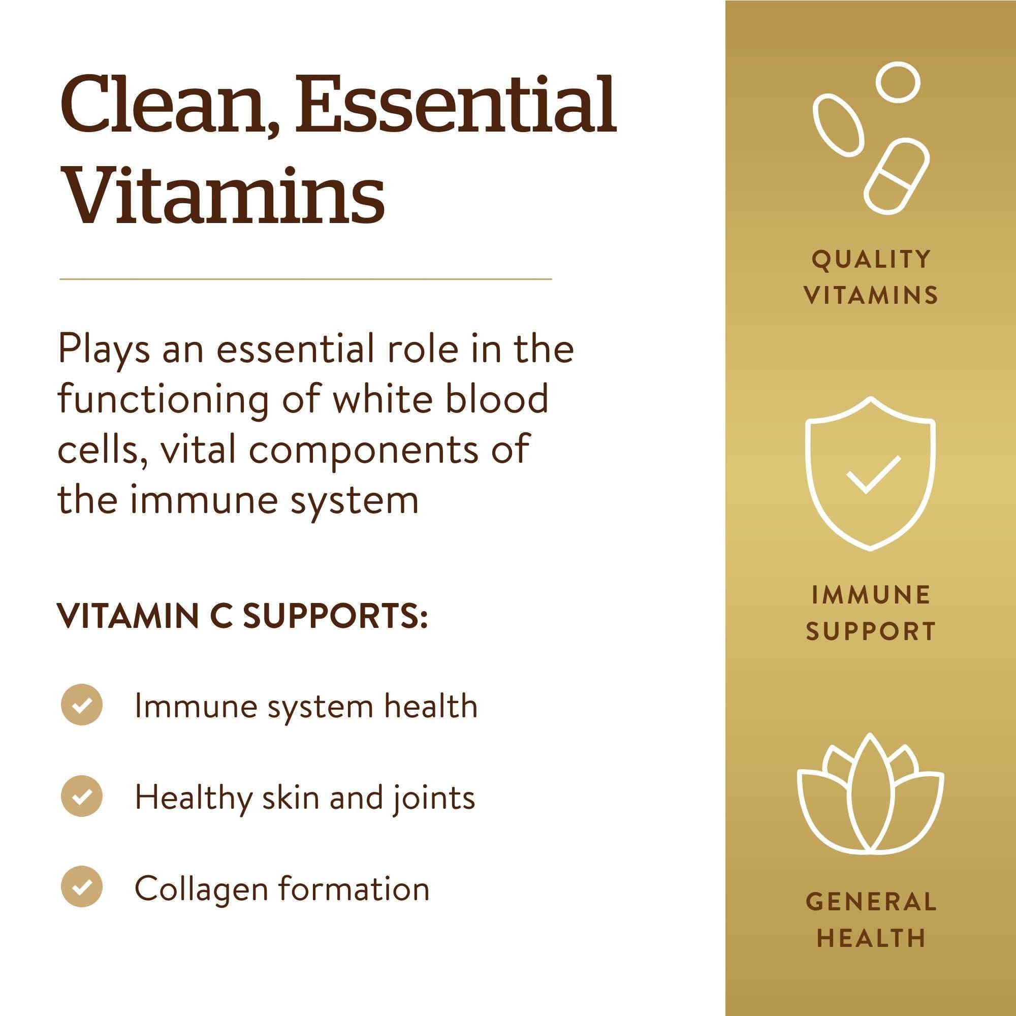 Solgar Vitamin C 1000mg tablets informational panel highlighting immune support collagen formation and quality vitamins