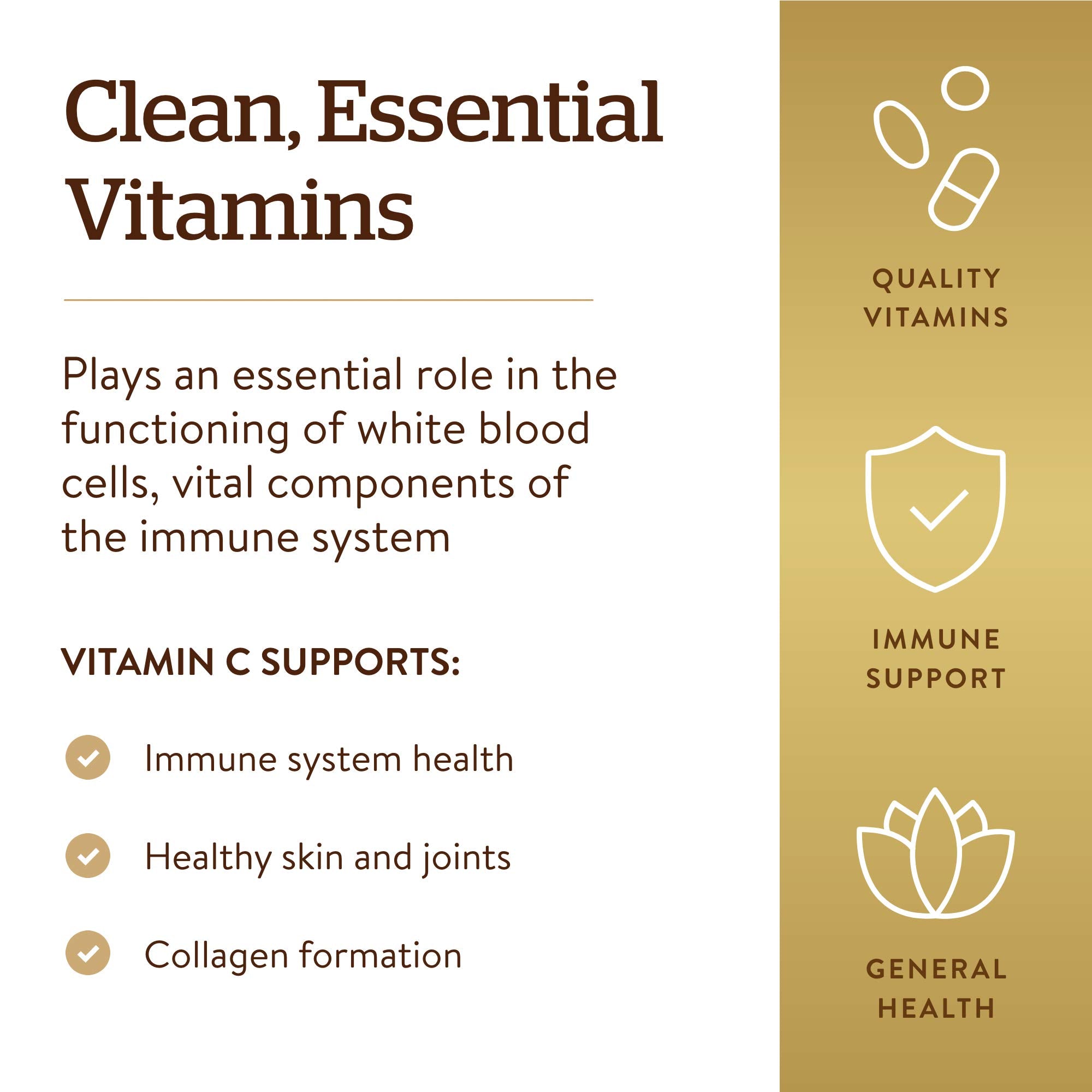 Solgar Vitamin C 1000mg tablets informational panel highlighting immune support collagen formation and quality vitamins
