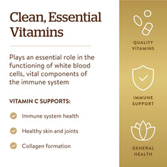 Solgar Vitamin C 1000mg tablets informational panel highlighting immune support collagen formation and quality vitamins