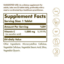 Supplement Facts panel listing Vitamin C 1,000 mg per tablet and serving size 1
