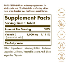 Solgar Vitamin C 1000mg tablets. Supplement facts label showing 1 tablet serving 1000 mg Vitamin C and vegan gluten free icons