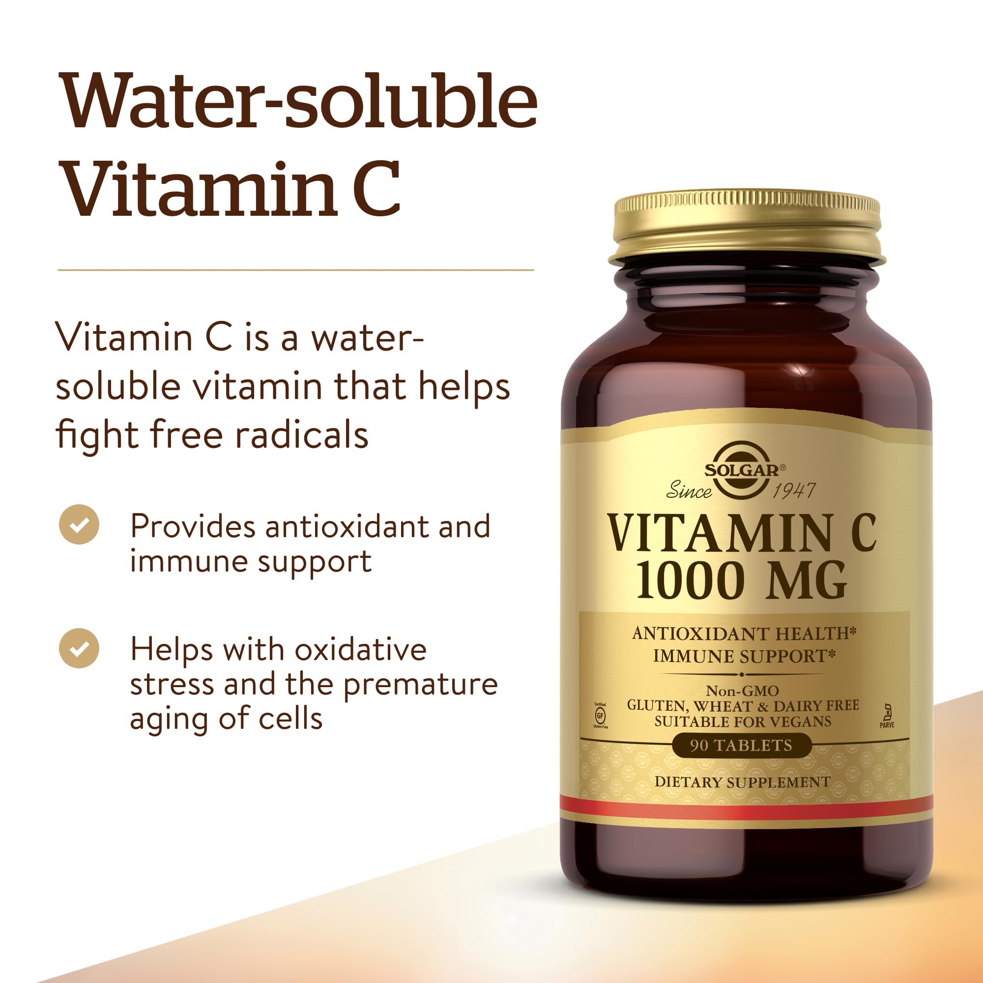 Brown glass bottle of Solgar Vitamin C 1000mg tablets with gold label for antioxidant and immune support