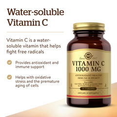 Brown glass bottle of Solgar Vitamin C 1000mg tablets with gold label for antioxidant and immune support