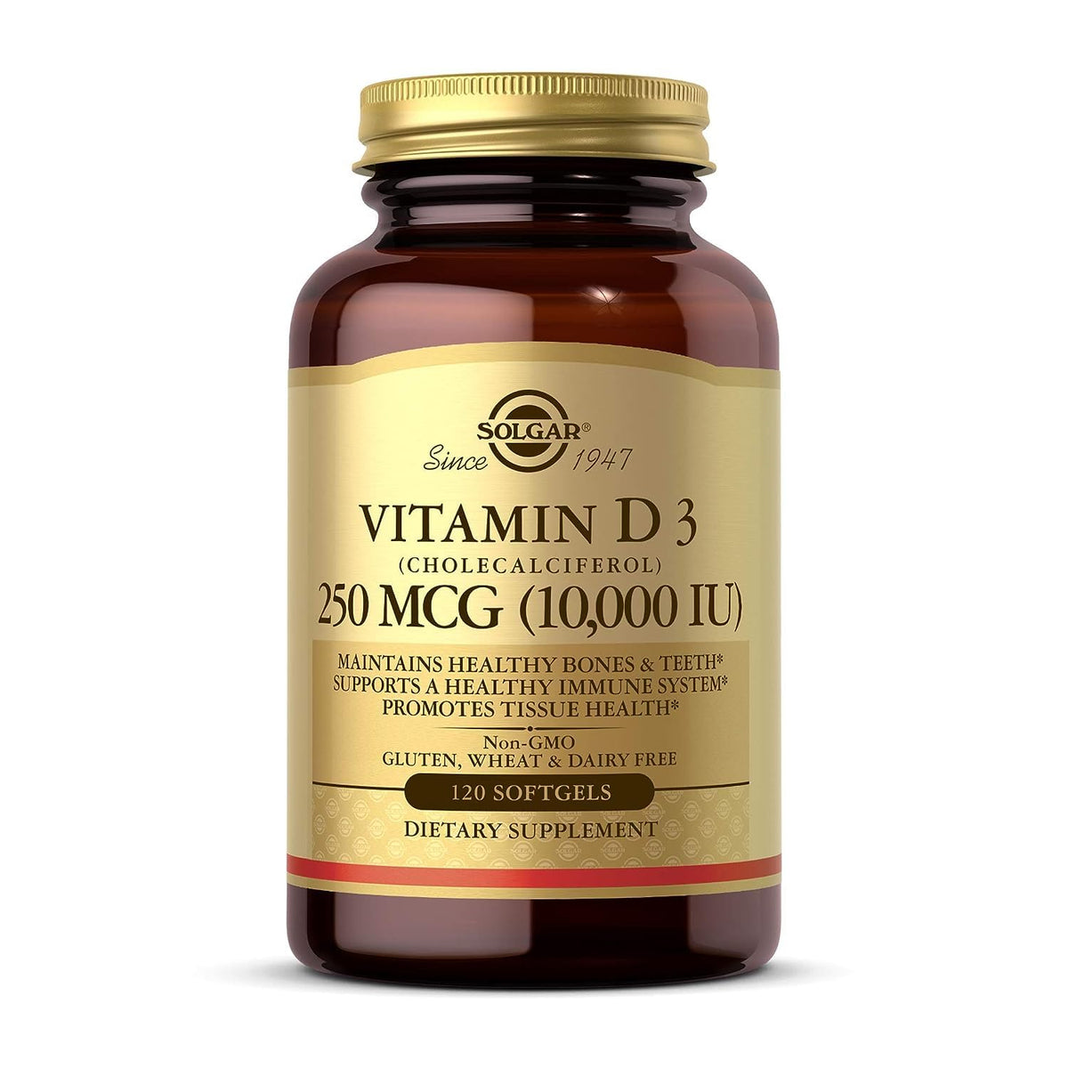 Solgar Vitamin D3 softgels 250 mcg 10000 IU brown glass bottle 120 softgels dietary supplement for bone and immune health