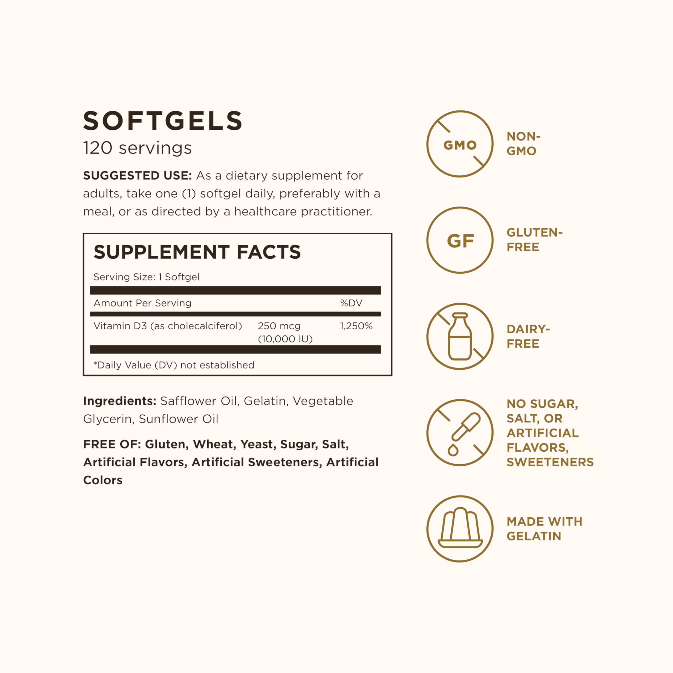 Solgar Vitamin D3 softgels bottle label showing supplement facts 120 servings 250 mcg 10000 IU non GMO gluten free dairy free