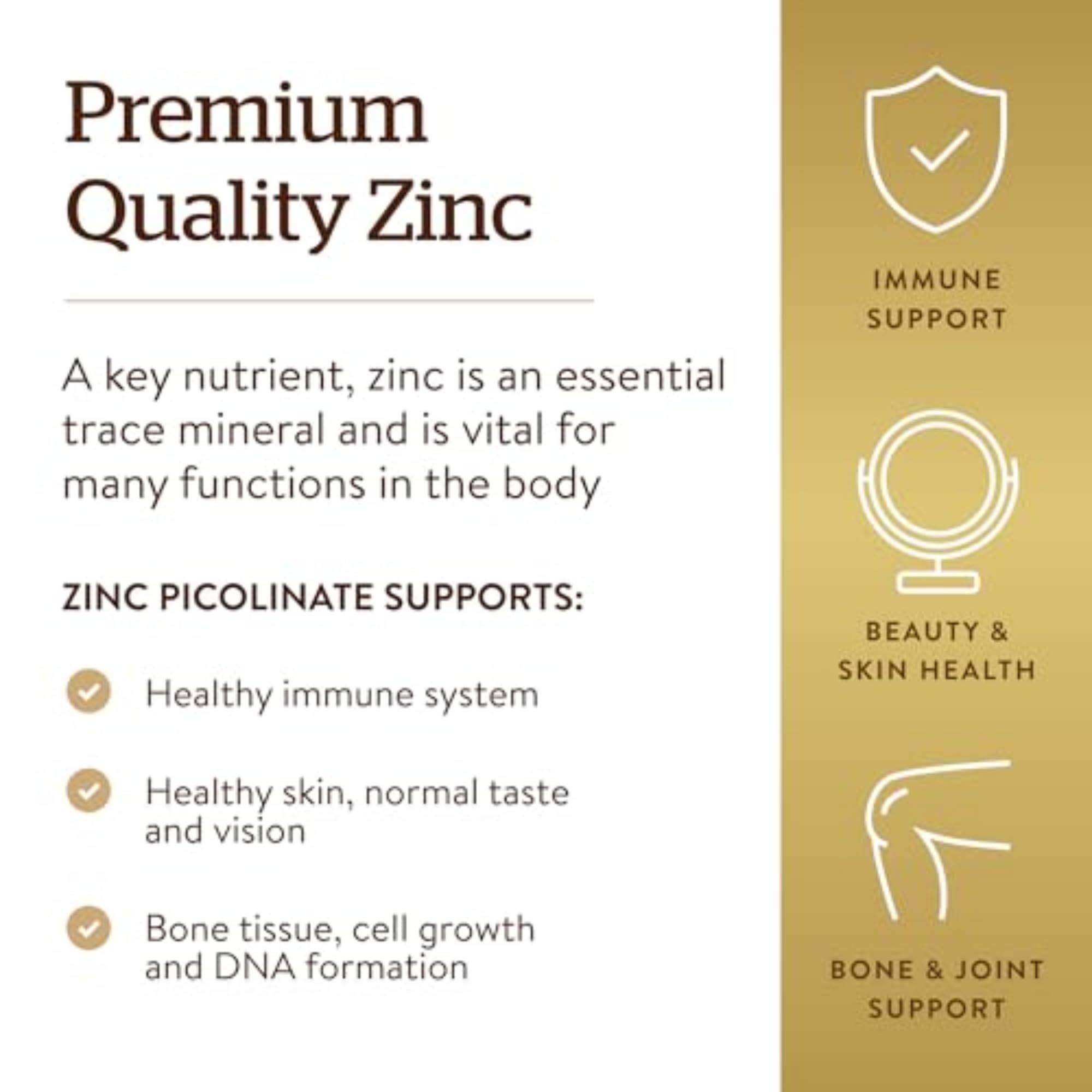 Solgar Zinc Picolinate 100 tablets supplement label showing Premium Quality Zinc benefits immune support skin and bone health