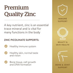 Solgar Zinc Picolinate 100 tablets supplement label showing Premium Quality Zinc benefits immune support skin and bone health