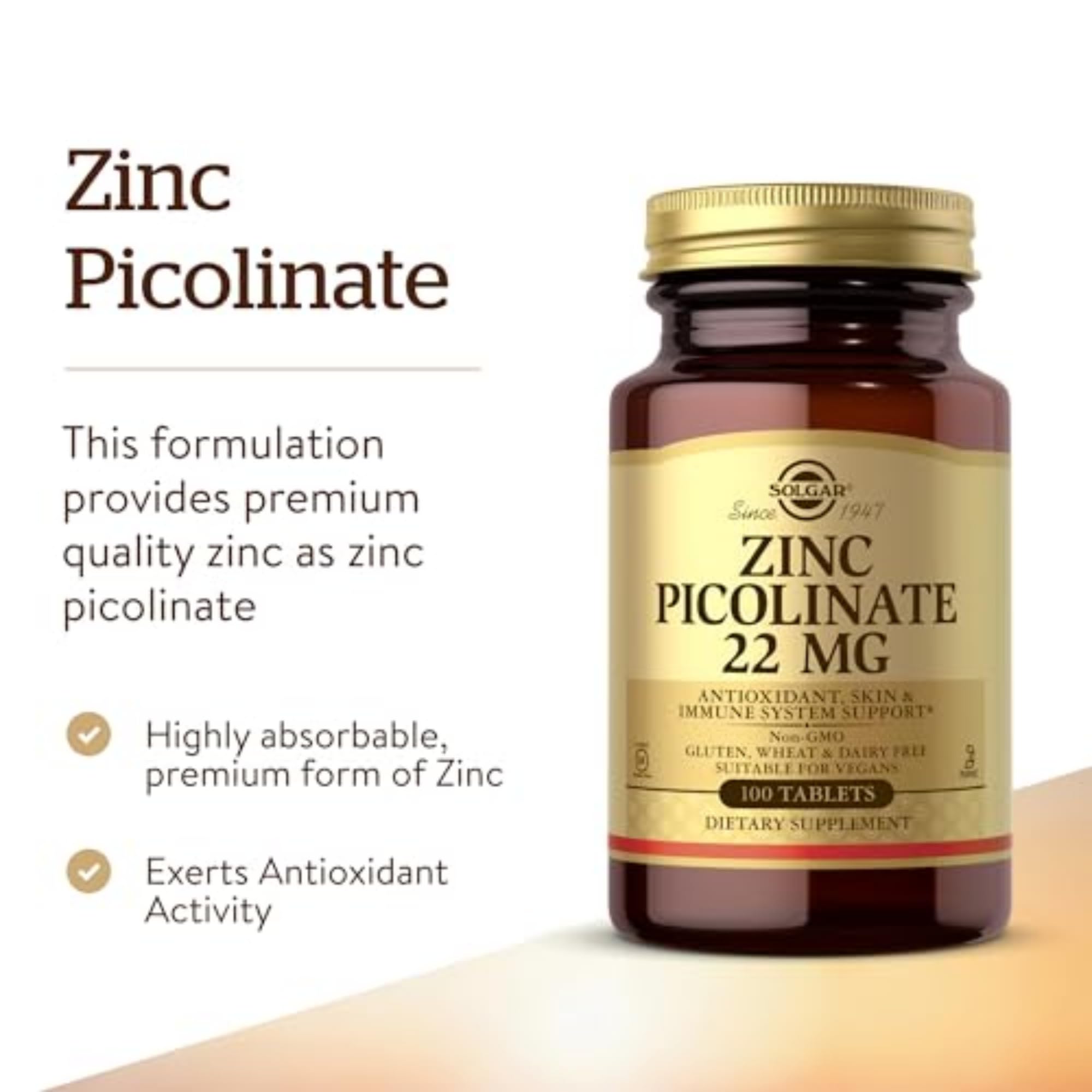 Solgar Zinc Picolinate 100 tablets. Amber glass bottle of Solgar Zinc Picolinate 22 mg dietary supplement with gold label