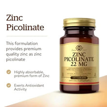 Solgar Zinc Picolinate 22 mg bottle with gold cap and label, 100 tablets