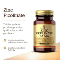 Solgar Zinc Picolinate 100 tablets. Amber glass bottle of Solgar Zinc Picolinate 22 mg dietary supplement with gold label