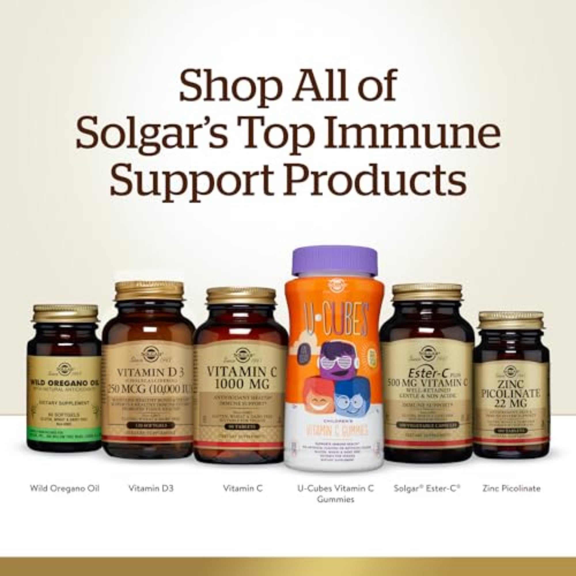 Solgar bottles lineup of immune support supplements including Solgar Zinc Picolinate 100 tablets on display