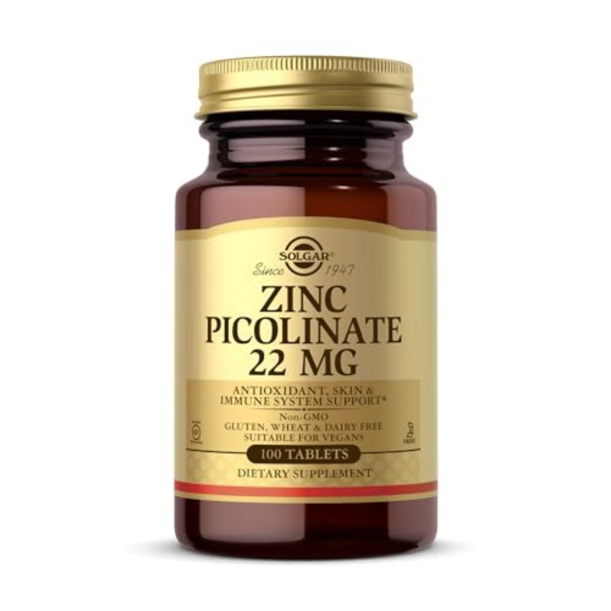 Solgar Zinc Picolinate 100 tablets. Amber glass bottle of 22 mg zinc picolinate dietary supplement