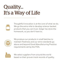 Solgar quality infographic panel with icons and GMP Quality badge